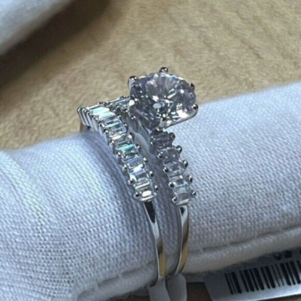 TG 925 Sterling Silver Cubic Zirconia Double Ring Women's Size‎ 8 Rhodium Finish